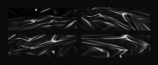 Набор накладок из черной пластиковой пленки Векторная реалистичная иллюстрация полиэтиленовой упаковки текстуры стретч-пленки фона с морщинистой поверхностью целлофановой упаковки скомканной глянцевой бумаги из лакированной кожи