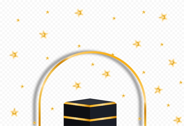 Black platform with golden stars konfetti in realistic style isolated on transparent background. dark 3d podium, square platform stage, empty realistic pedestal with golden arch. vector eps 10