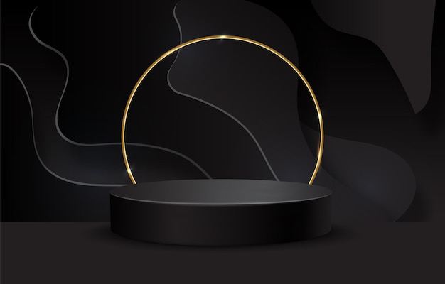 Free vector black podium on black background. realistic pedestal. dark background.