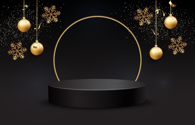 Black podium for christmas display on black background. Realistic black pedestal on a black christmas background. Dark background