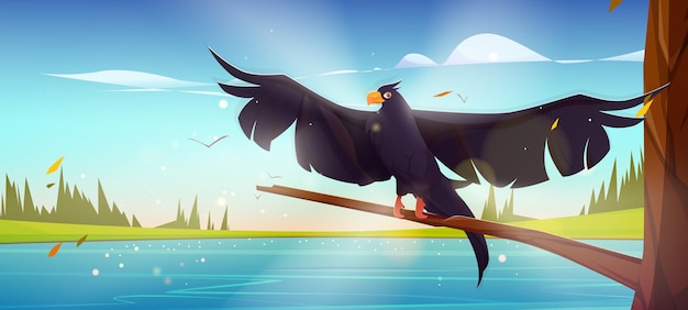 Бесплатное векторное изображение Черный ворон летит в летнем лесу на берегу реки