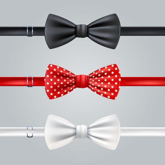 Vettore gratuito set realistico di cravatte a fiocco rosso e bianco rosso nero