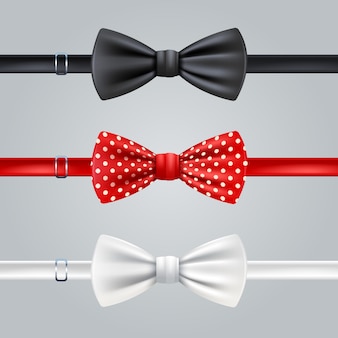 Set realistico di cravatte a fiocco rosso e bianco rosso nero