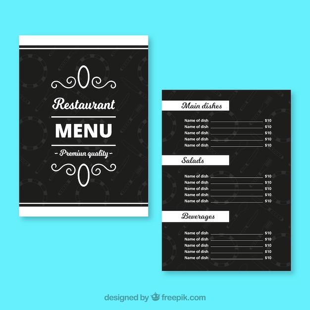 Черный шаблон меню ресторана