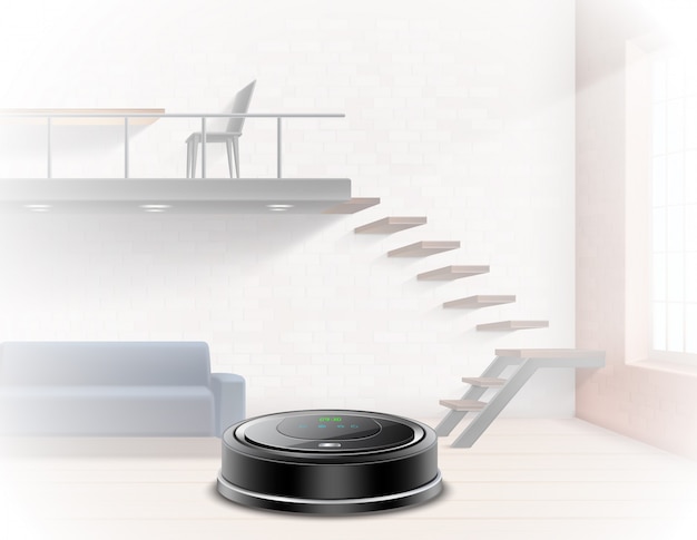 Black robotic vacuum cleaner on a apartment