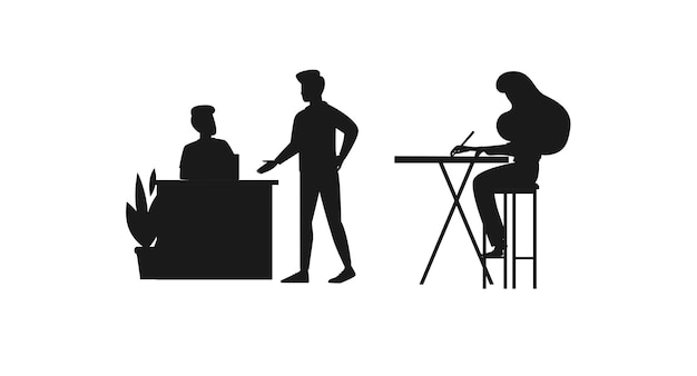 Free vector a black silhouette of people at a bar with a woman sitting at a table.