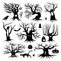 Free vector black silhouettes of spooky halloween dead trees with jack o lantern pumpkins candles and animals flat set isolated vector illustration