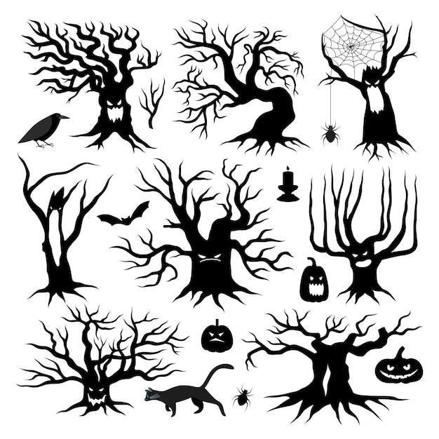 Sagome nere di spettrali alberi morti di halloween con jack o lantern zucche candele e animali set piatto isolato illustrazione vettoriale