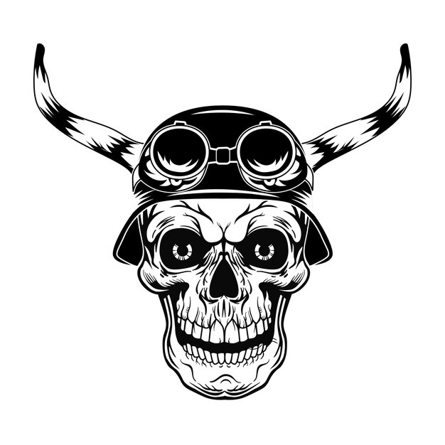 Black skull in helmet with horns vector illustration. Vintage dead head in helmet with glasses