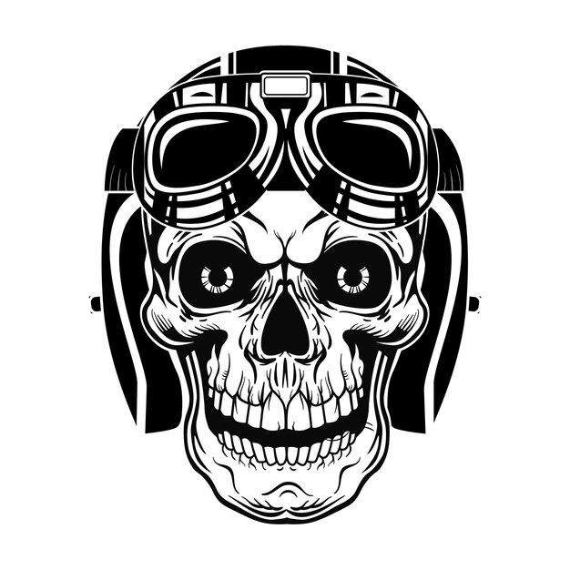 Black skull of pilot vector illustration. Vintage dead head in protective helmet with googles