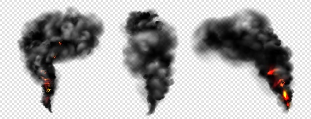 Free vector black smoke with fire, dark fog clouds or steam trails