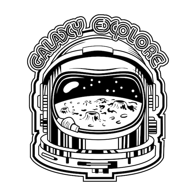 Black spaceman helmet with moon in reflection vector illustration. Vintage protective helmet for astronauts
