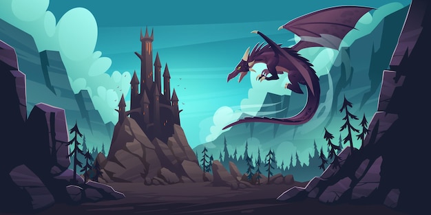 Free vector black spooky castle and flying dragon in canyon with mountains and forest. cartoon fantasy illustration with medieval palace with towers, creepy beast with wings, rocks and pine trees