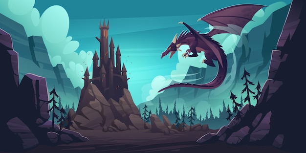 Black spooky castle and flying dragon in canyon with mountains and forest. cartoon fantasy illustration with medieval palace with towers, creepy beast with wings, rocks and pine trees
