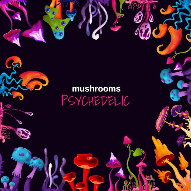 Vettore gratuito sfondo quadrato nero con cornice fluorescente colorata composta da funghi psichedelici fumetto illustrazione vettoriale
