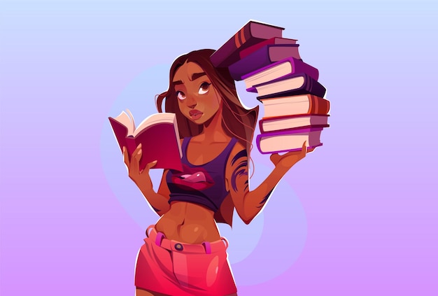 Free vector black student woman reading book cartoon vector