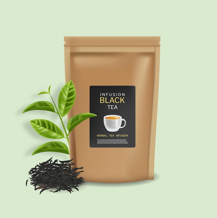 Free Vector black tea bag vector realistic. product placement mock up. 3d detailed illustration. tea leaves and infusions