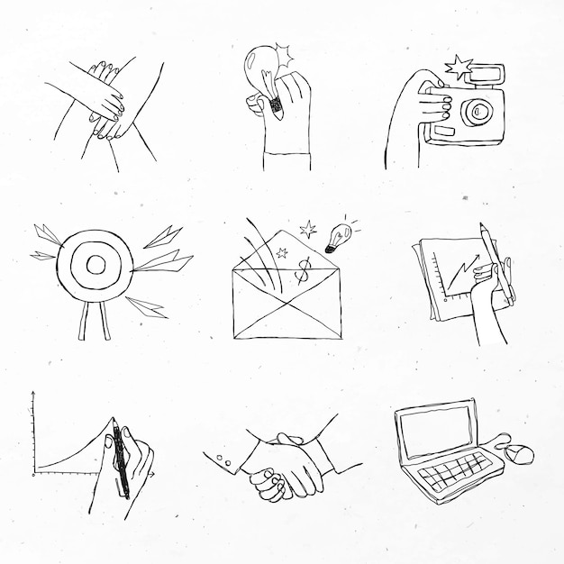 Icone nere di lavoro di squadra con set di design di arte di doodle