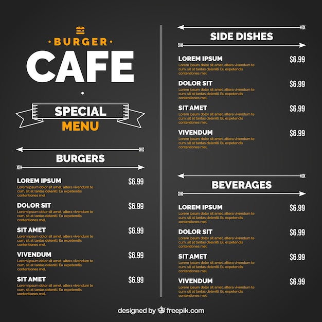 Black template with orange and white burger menu