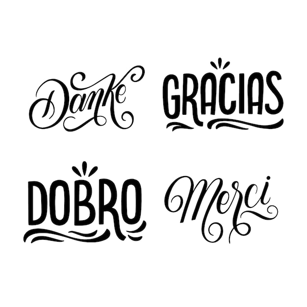 Free vector black thank you lettering collection in different languages