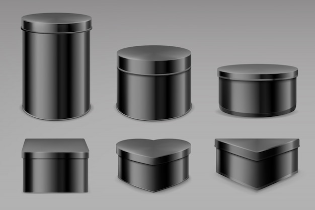 Free vector black tin boxes set, blank jars for tea or coffee