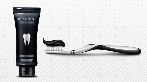 Black toothpaste in plastic tube and on brush