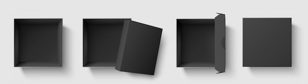 Черная коробка сверху. темный пакет квадратные коробки с открытой крышкой, пустой куб пакеты макет 3d изолированные шаблон векторные иллюстрации набор
