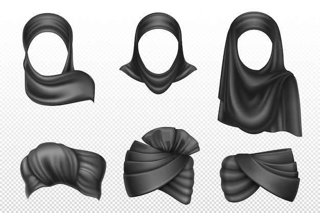 Vettore gratuito turbanti neri e hijab, copricapo indiano e arabo per uomo e donna. set vettoriale realistico di foulard tortuosi, vestiti tradizionali musulmani e islam, pagdi isolati su sfondo bianco