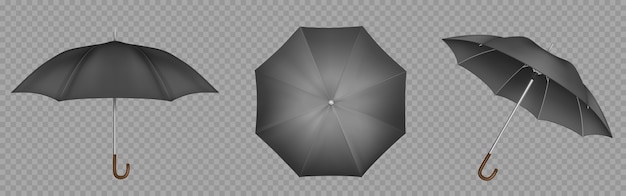 Free vector black umbrella, parasol top, side and front view