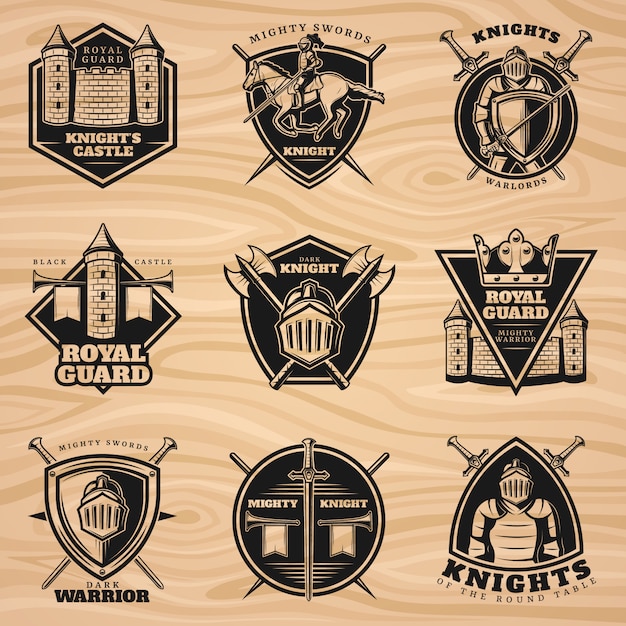 Free vector black vintage knights emblems set