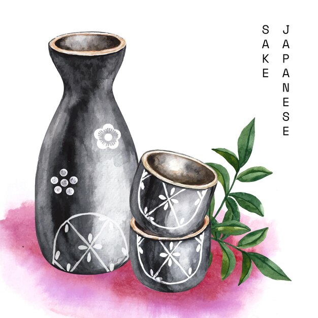 Black watercolour japanese sake and chopsticks