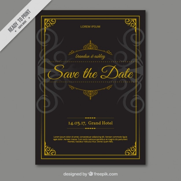 Black wedding card with decorated with ornaments