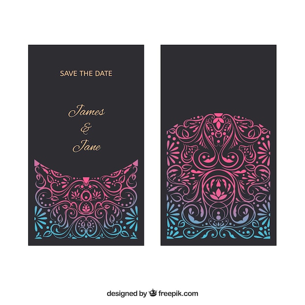 Black wedding invitation with colourful ornaments