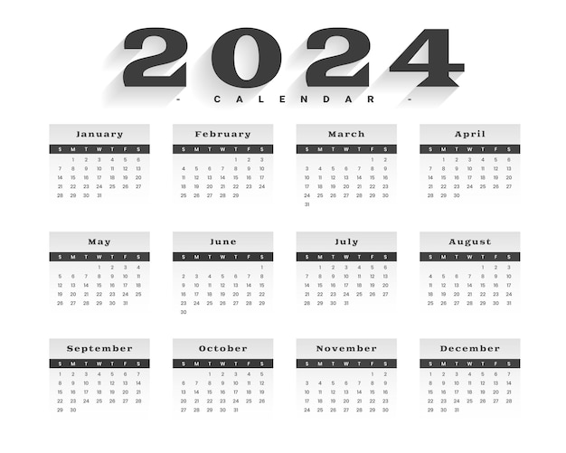 Vettore gratuito vettore di progettazione del modello di calendario di pianificazione mensile in bianco e nero 2024