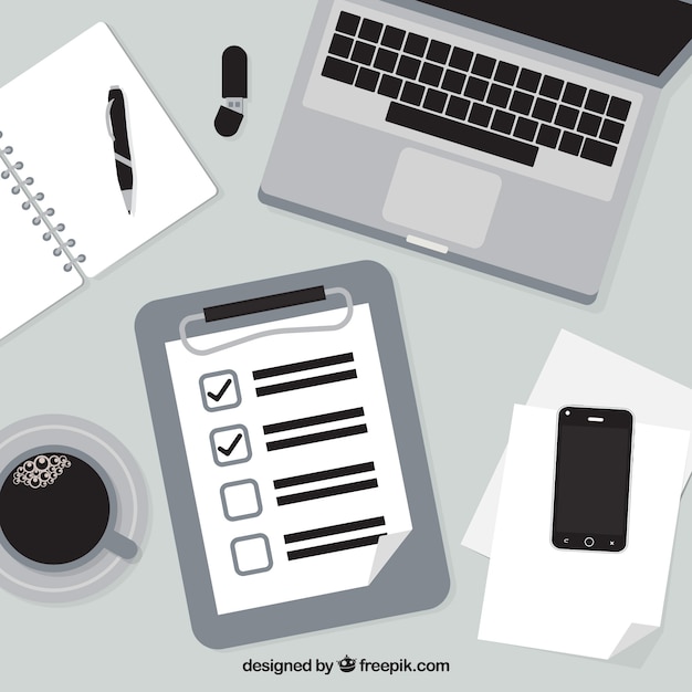 Black and white background with checklist and office supplies