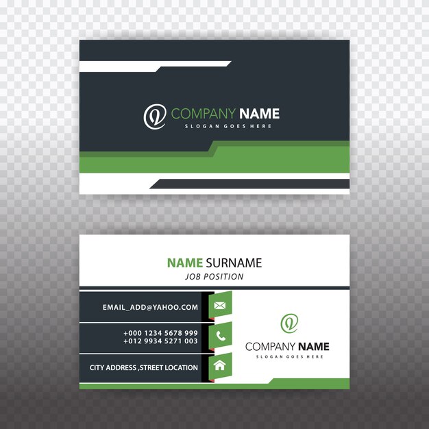 Black and white business card with green details