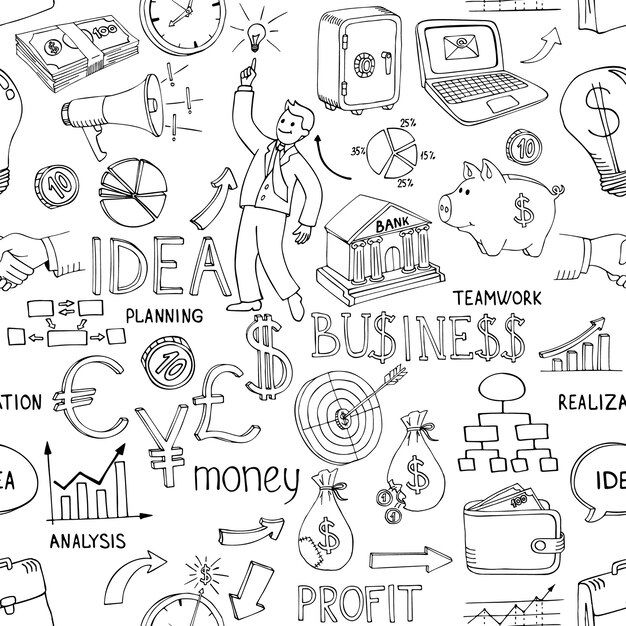 Black and white business doodles seamless pattern with a variety of icons depicting money  analysis  charts  ideas and strategy scattered in a random vector design