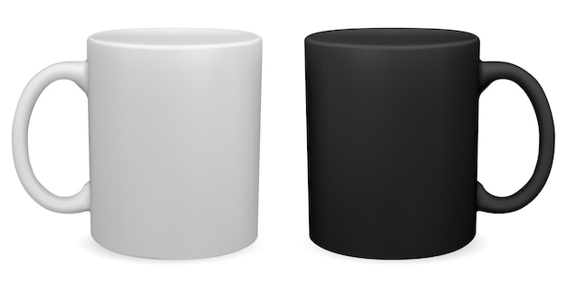 Black and white coffee mug tea cup 3d vector blank with handle mockup design