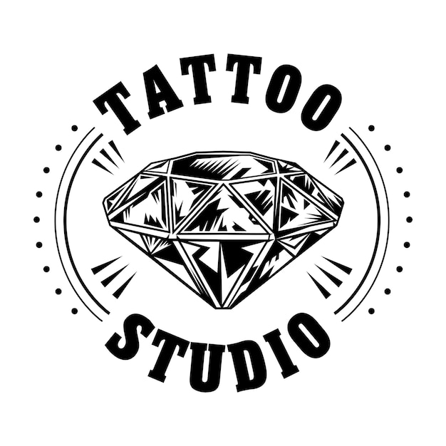 Black and white diamond vector illustration. Vintage tattoo studio logo