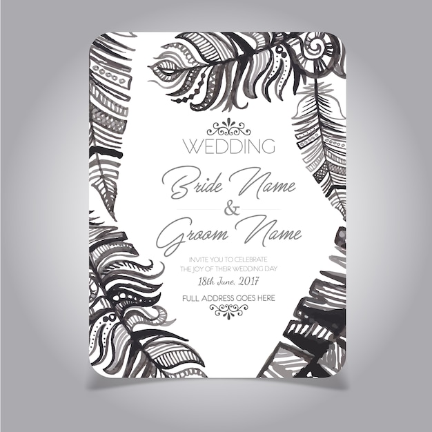 Black and white feather wedding card