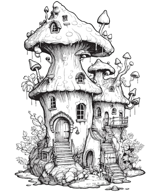 Free vector black and white forest fairy cartoon mushroom house