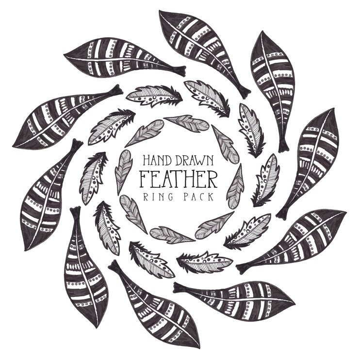 Free Vector black and white hand drawn feather ring pack