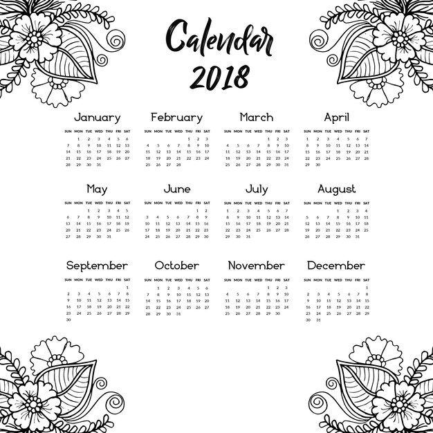 Черно-белая ручная роспись цветочного годового календаря 2018