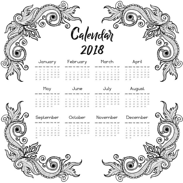 Black and white hand drawn floral annual calendar 2018