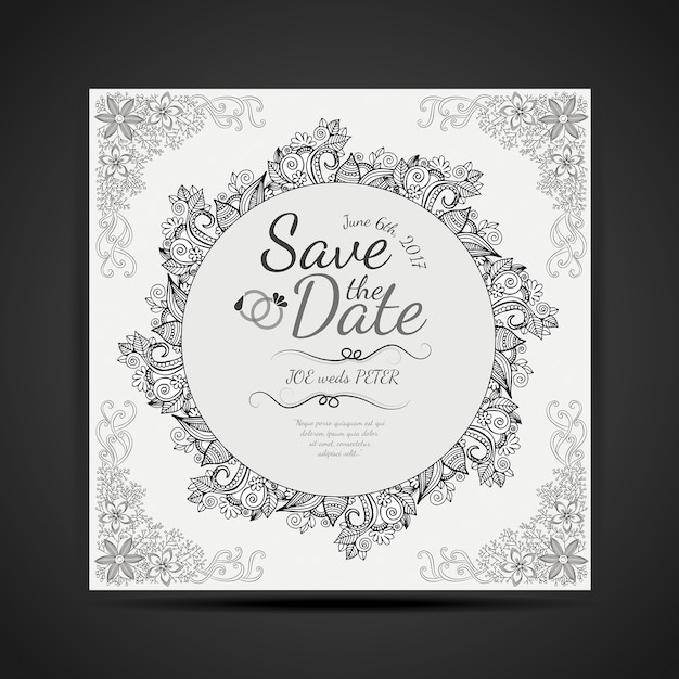 Black and white hand drawn mandala design wedding invitaion card