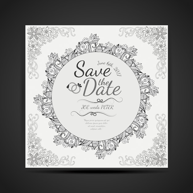 black and white hand drawn mandala design wedding invitaion card
