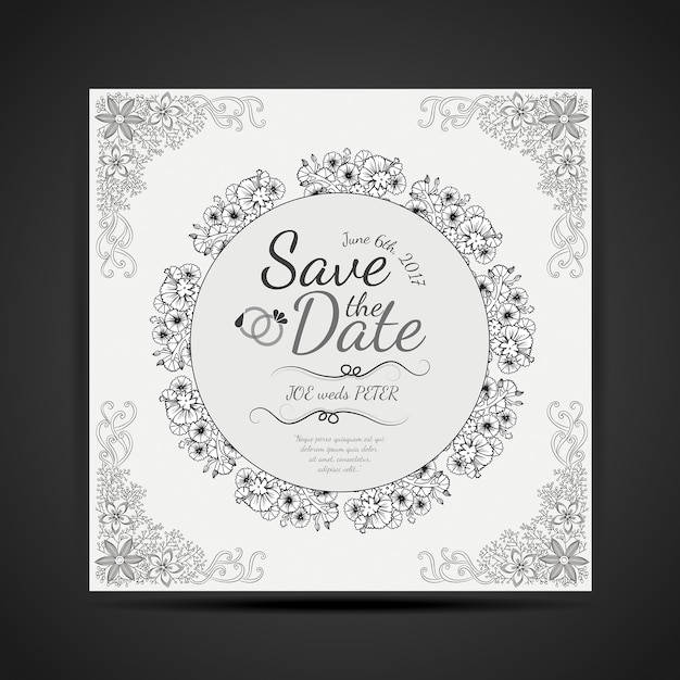 黒と白の手描きの曼荼羅のデザイン結婚式招待状のカード