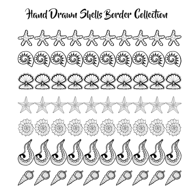 Black and white hand drawn shells borders collection