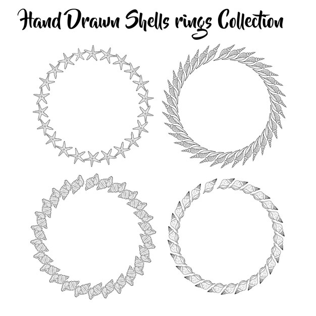  black and white hand drawn shells rings collection