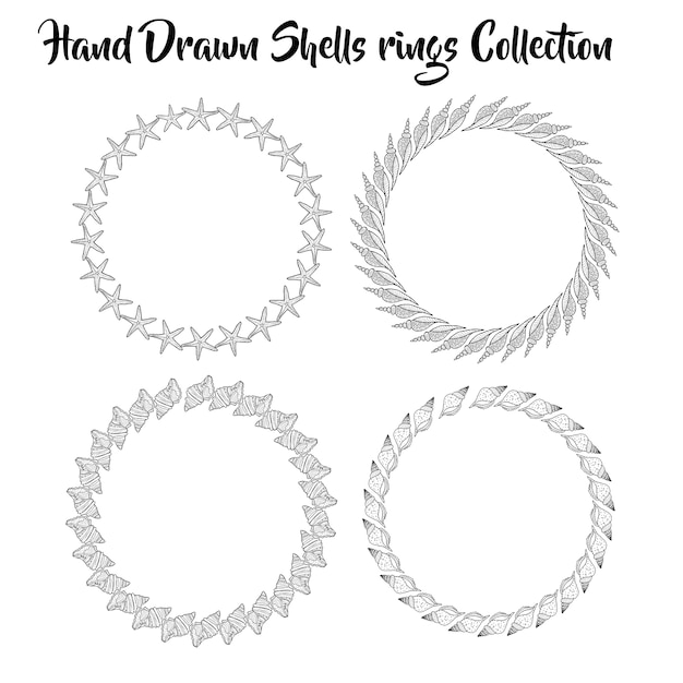  black and white hand drawn shells rings collection